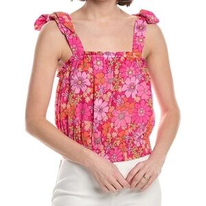 Ramy Brook Pink Multi Floral Tie-Shoulder Smocked Bebe Top Size Large